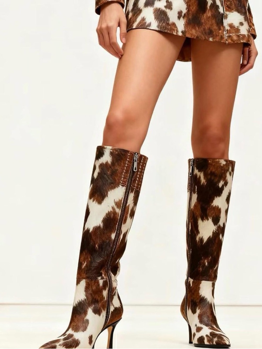 Brown and White Cow-Print Knee Boots - Women's Fashion Knee-High Boots NEW